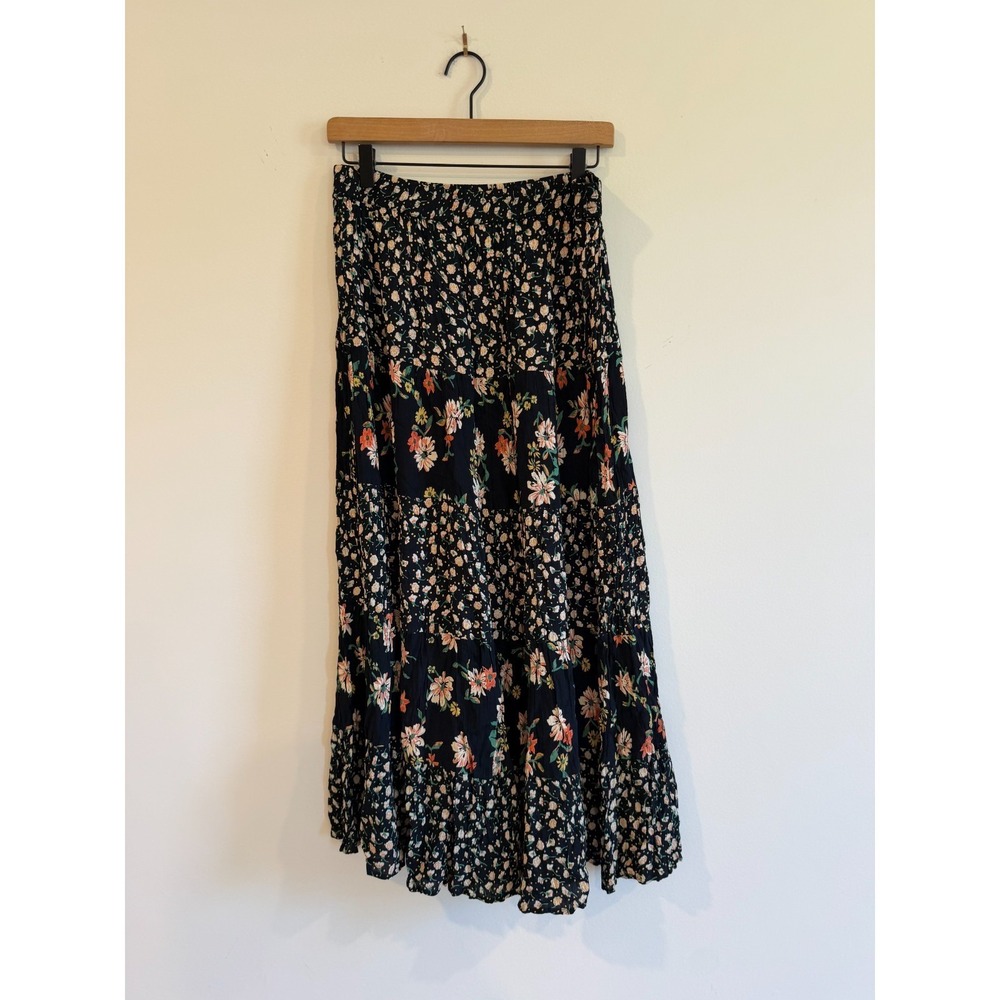 Indira Tiered Maxi Skirt Womens Medium Black Floral Vintage Y2K Boho Fairy India